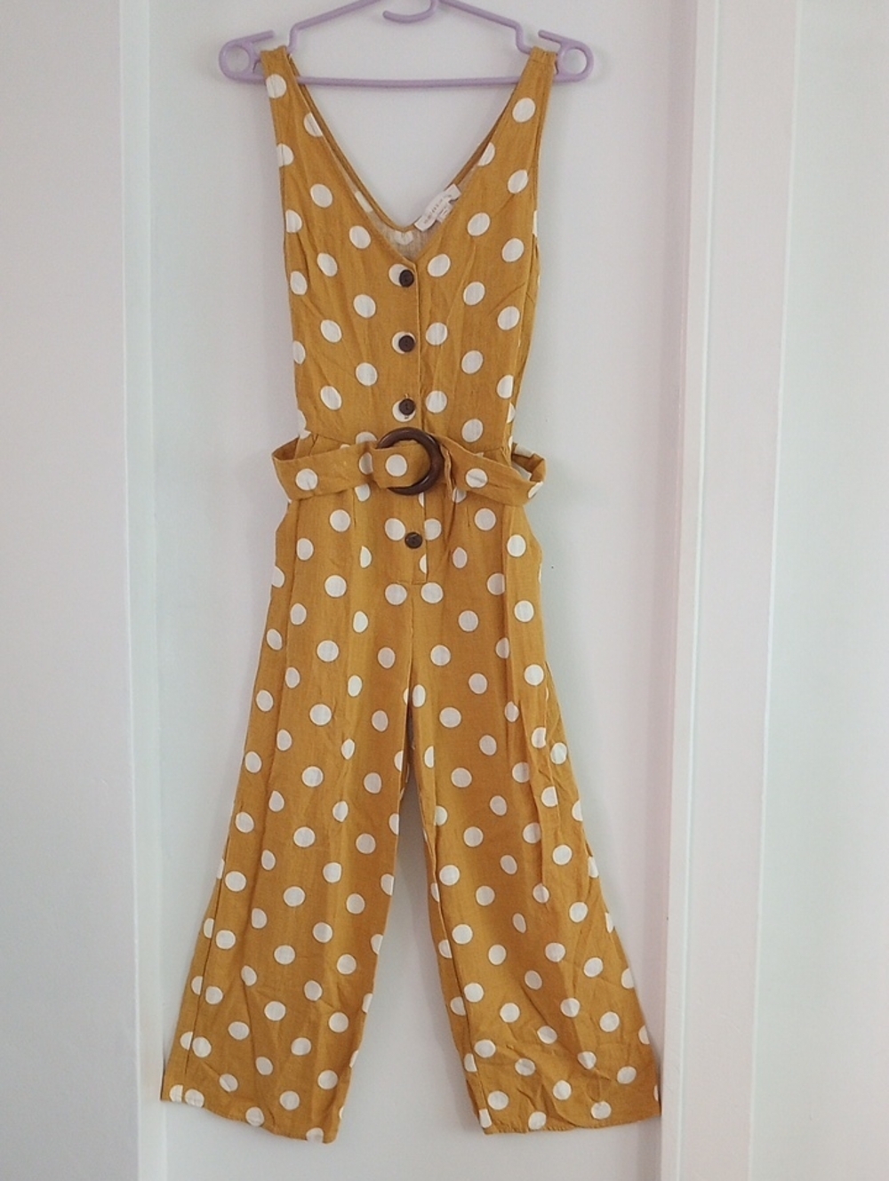 Linen Blend Polka Dot Mustard Yellow Wide-Leg Jumpsuit Waist Belt Sz XS